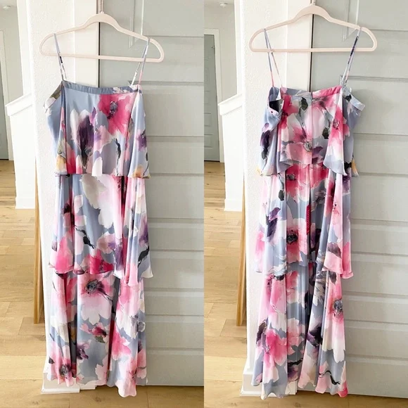 New Aidan Mattox Floral Tiered Square Neck Maxi Dress - Picture 3 of 7